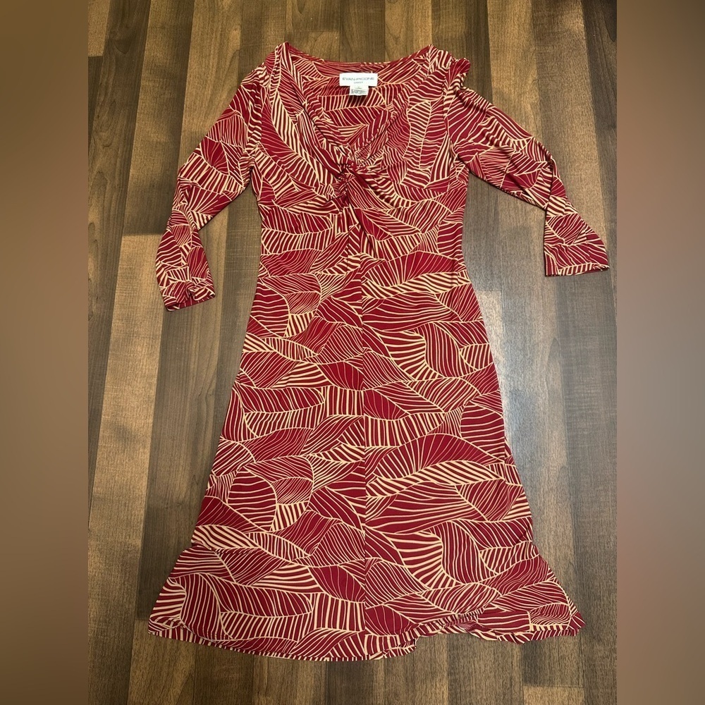Evan Picone 
Red Sheath Dress with Cowl 
Neck and Bishop Sleeves